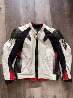 Men's White & Black Motorcycle Leather Jacket with Red Accents